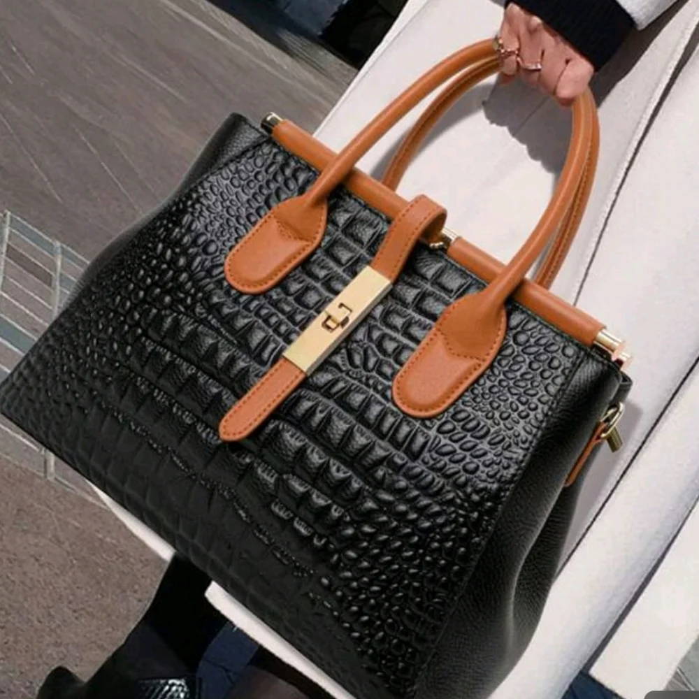 Classic Croc-Texture Tote Bag - Black & Tan - Picture 1 of 9